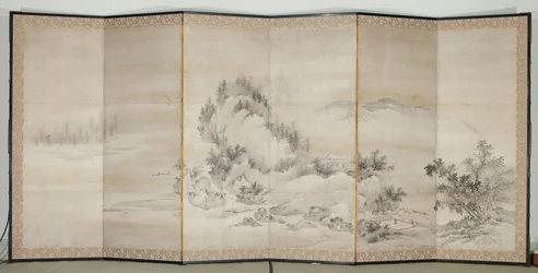 Landschap, vroeg 17e eeuw (Paar schermen met zes panelen; inkt en goud op
papier)