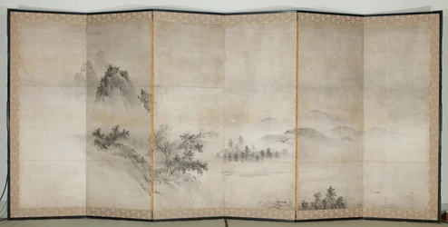 Landschap, vroeg 17e eeuw (Paar schermen met zes panelen; inkt en goud op
papier)