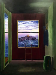 Surrealistisch uitzicht op het meer vanuit een kamer