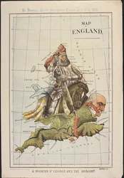Een moderne Sint Joris en de Draak: Een politieke cartoon, in de vorm van een kaart van Engeland, die Gladstone