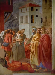 Ananias, lid van een christelijke gemeente, heeft een deel van zijn geld achtergehouden en valt als vergelding dood neer aan de voeten van Sint Pieter (fresco)
