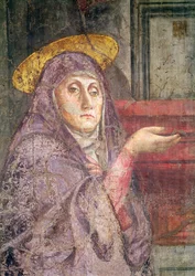 De Heilige Drie-eenheid, detail van het hoofd van de Maagd Maria, 1427-28 (detail)