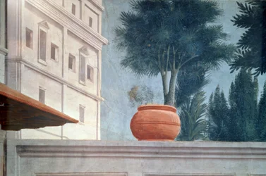 De opwekking van de zoon van Theophilus, koning van Antiochië, detail van het uitzicht over de binnenplaatsmuur