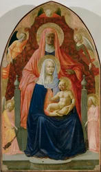 en Masolino: Heilige Anna, Maria en kindje Jezus, vijf engelen (tempera op hout)