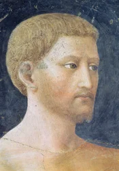 De verleiding van Adam en Eva, detail van het hoofd van Adam