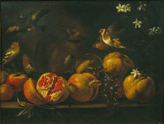 Stilleven met Granaatappels, Druiven, Vogels en een Eekhoorn