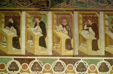 Vier Dominicaanse Monniken aan hun Bureau, uit de Cyclus van "Veertig Illustere Leden van de Dominicaanse Orde", in de Kapittelzaal