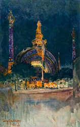 Verlichting van de hoofdingang van de tentoonstelling in Parijs, 1900.