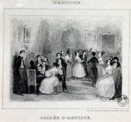 Een avond van een kunstenaar: bal en kaartspellen tijdens een burgerlijke avond Tekening door Antoine Johannot (Tony Johannot) (1803-1852) 1831 Parijs, Bibliotheek van het Arsenaal