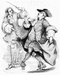 Molière: De burgerlijke edelman, meneer Jourdain danst onder leiding van zijn muziekmeester. Gravure door Tony Johannot in de editie van de volledige werken, Paulin 1836.
