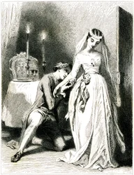 Zuchtende minnaar knielt aan de voeten van zijn mooie verloving in een interieur bij kaarslicht - meisje in romantische jurk en kapsel - gravure (ets 1845) door Tony Johannot (Antoine Johannot dit
