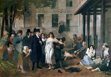 Philippe Pinel (1745-1826) bevrijdt krankzinnigen van hun kettingen in het Salpetriere-asiel in Parijs in 1795
