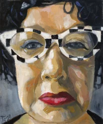 Portret met een bril met ruitjespatroon