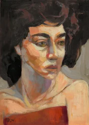 Contemplatieve vrouw in het rood