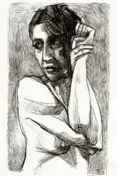 Tekening van een peinzende vrouw