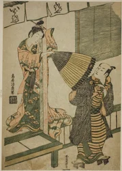 Schoonheid van Ibarakiya die aan de paraplu van een man trekt - een parodie op de legende van Watanabe no Tsuna en de Ibaraki-demoon