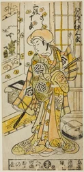 De acteur Ogino Isaburo I in twee rollen, Tora en Soga no Juro, in het stuk "Juhakko Imayo Soga," uitgevoerd in het Nakamura Theater in de eerste maand, 1734
