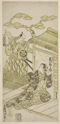 De acteurs Ichimura Kamezo I als Yosaku en Arashi Tominosuke I als Koman