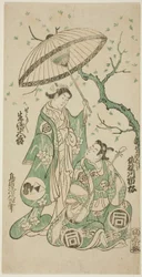 De acteurs Sanogawa Ichimatsu I als Soga no Goro en Ikushima Daikichi II als Kewaizaka no Shosho in het stuk "Monzukushi Nagoya Soga," opgevoerd in het Ichimura Theater in de eerste maand, 1748