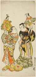 De acteurs Yamashita Kinsaku I en Hayakawa Hatsuse als poppenspelers in het stuk "Dagboek van een reis over zee naar Izu" ("Funadama Izu Nikki"), uitgevoerd in het Nakamura Theater in de eerste maand, 1725