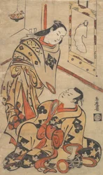 Kabuki-acteurs Nakamura Gentaro en Ikushima Shingoro, ca. 1710