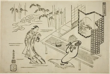 De acteurs Nakamura Takesaburo I als Kewaizaka no Shosho en Ichikawa Danjuro II als Soga no Goro verkleed als een komuso in het stuk "Bando Ichi Kotobuki Soga," uitgevoerd in het Nakamura Theater in de eerste maand, 1715