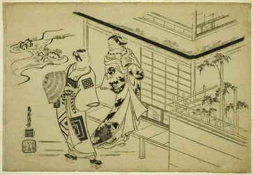 De acteurs Nakamura Takesaburo I als Kewaizaka no Shosho en Ichikawa Danjuro II als Soga no Goro in het stuk "Bando Ichi Kotobuki Soga," uitgevoerd in het Nakamura Theater in de eerste maand, 1715