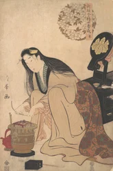 Dame die Binsashi-steun voor het haar over de slapen aanbrengt om in haar haar te doen, ca. 1808
