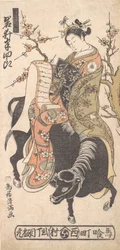 De acteur Iwai Hanshiro als courtisane die een liefdesbrief leest, gezeten op een zwart ..., ca. 1763.