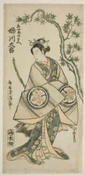 De acteur Anegawa Daikichi als Ayame no Mae in het toneelstuk "Miyo no Hana Yunzei Kagami," opgevoerd in het Morita Theater in de elfde maand, 1760