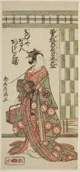 De acteur Arashi Sankatsu als Kanamuraya Osan in het toneelstuk "Soga Hiiki Nihon Sakura," opgevoerd in het Nakamura Theater in de derde maand, 1762
