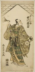 De acteur Ichikawa Raizo I als Minamoto no Yoshitsune in het toneelstuk "Nihon ga Hana Hogan Biiki," opgevoerd in het Nakamura Theater in de elfde maand, 1761