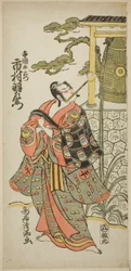 De acteur Ichimura Uzaemon IX als Teraoka Heiemon in het toneelstuk "Hoshi Aikotoba Higashiyama no Sakae," opgevoerd in het Ichimura Theater in de negende maand, 1763
