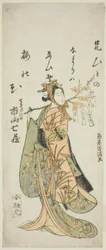 De acteur Ichiyama Shichizo I als Terute Hime in het toneelstuk "Shuen Soga Omugaeshi," opgevoerd in het Ichimura Theater in de eerste maand, 1768