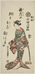 De acteur Sanogawa Ichimatsu I als Momozono in het toneelstuk "Katakiuchi Mogami no Inabune," opgevoerd in het Ichimura Theater in de zevende maand, 1759