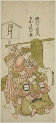De acteurs Ichimura Uzaemon IX als de lakei Gunsuke en Sakata Sajuro I als Yamaga no Sashiro in het toneelstuk "Iro Jogo Mitsugumi Soga," opgevoerd in het Ichimura Theater in de eerste maand, 1765.