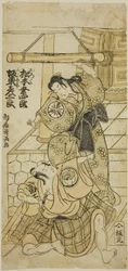 De acteurs Matsumoto Koshiro III als Oroku en Bando Hikosaburo II als Fujitaro in het toneelstuk "Shomei Muken no Kane," opgevoerd in het Nakamura Theater in de negende maand, 1767