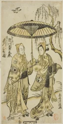 De acteurs Segawa Kikunojo II als Ohatsu en Ichikawa Yaozo II als haar minnaar Tokubei in het toneelstuk "Yoni Osaka Nitsui no Meoto," opgevoerd in het Ichimura Theater in de tweede maand, 1767
