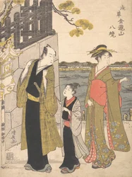 Een man met een jongen en een geisha die de Kinryusan-tempel bezoeken, ca. 1787
