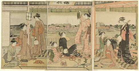 Een feest dat de maan over de Sumida-rivier bekijkt