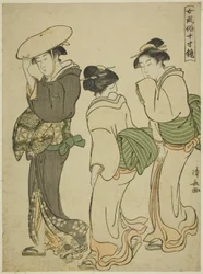 Een Vrouw en Twee Dienstmeiden, uit de serie "Een Spiegel van Vrouwelijke Manieren (Onna fuzoku masu kagami)"
