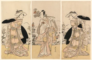 Bando Mitsugoro II als Tennen no Mansaku-kitsune en Ichikawa Monnosuke III als Nikaido Shinanonosuke en Iwai Hanshiro IV als Okura no Kojoro-kitsune in de scène uit het drama Moto Mishi Yuki Sakae Hachi-no-ki
