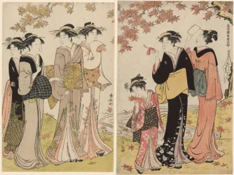 Schoonheden onder een esdoornboom, uit de serie "Een verzameling hedendaagse schoonheden van de plezierwijken (Tosei yuri bijin awase)"