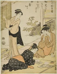 Ontdek het adres van de minnaar van een echtgenoot, uit de serie "Een verzameling humoristische gedichten (Haifu yanagidaru)".