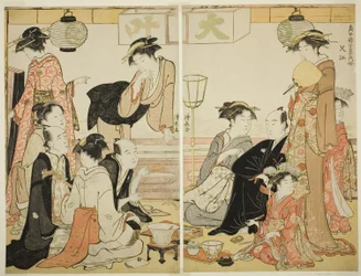 Entertainers van Nakazu, uit de serie "Een verzameling hedendaagse schoonheden van de plezierwijken (Tosei yuri bijin awase)"
