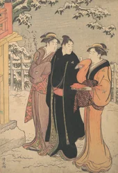 Man in een Zwarte Haori Jas en Twee Vrouwen die een Tempel Naderen