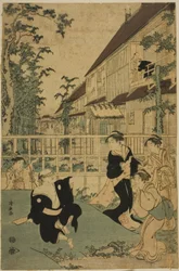 Buitenvermaak bij het Kankanro-theehuis in Yoshiwara