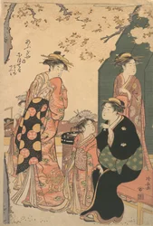 Portret van de courtisane Nioteru van de Ogiya, met haar twee bedienden Namiji en Ao