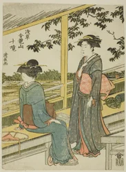 Theehuis met uitzicht op rijstvelden, uit de serie "Tien wijken van de Kinryuzan-tempel in Asakusa"