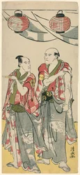 De Acteurs Arashi Ryuzo II en Ichikawa Komazo III, uit een pentaptych van elf acteurs die het festival van het heiligdom van de Soga-broers vieren